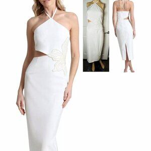 Avec Les Filles White Halter-Neck Floral Appliqué Midi Dress Size 12 NWT